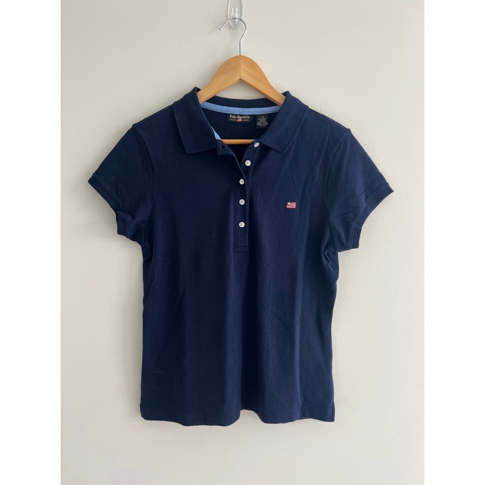 VTG Polo Jeans Co Ralph Lauren Polo Shirt Womens L Navy Blue Flag Logo Y2K